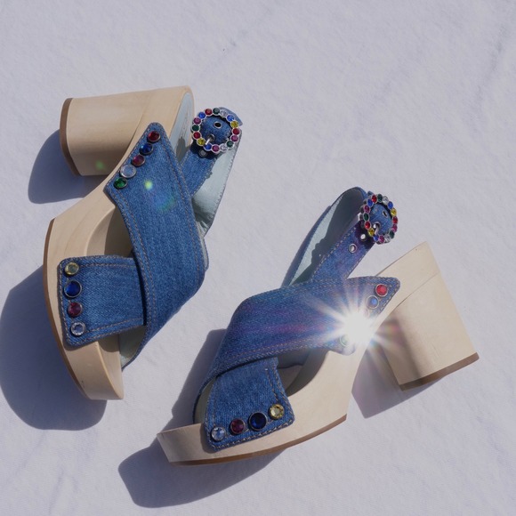 Marc Jacobs Shoes - Modern does 70s Marc Jacobs Linda bejeweled criss cross denim platform clog